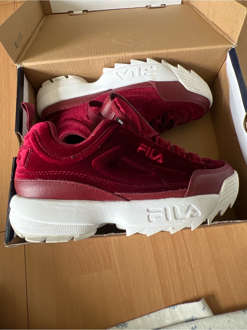 FILA Women's Disruptor II Velvet Sneakers in Burgundy and White
